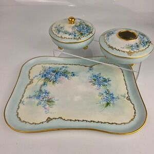 Antique Limoges B&Co France Vanity Set‎ Tray Hair Receiver Forget Me Not Gold